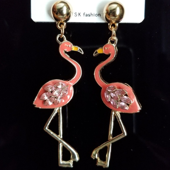 2 for $8 Pink Flamingo Rhinestone Gold Earrings - Picture 1 of 3